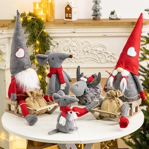 Christmas Gnome Tomte Reindeer Mouse Plush Ornaments With Wooden Sled Burlap Bag Felt Fabric Nordic Holiday Desktop Decor