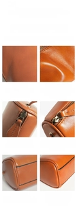 Close-up of premium genuine leather cylinder crossbody bag showing fine stitching and hardware.