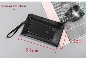 Black pebbled leather clutch bag size comparison with smartphone showing 21x13cm dimensions