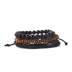 Bracelet Multicouche en Cuir et Perles de Bois Tissé à la Main pour Homme Bijoux de Mode Décontractés Réglables Noir Brun
