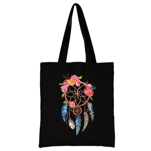 Schwarze Canvas-Tragetasche mit farbenfrohem Aquarell-Traumfänger-Druck und Federn