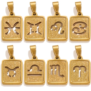 Stainless Steel Zodiac Pendant Gold Plated Frosted Rectangular Hollow Constellation Charm For DIY Jewelry Making
