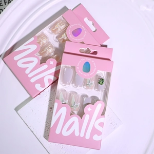 Short ballet 3D floral cat eye press-on nails with 3D bows and rhinestone charms