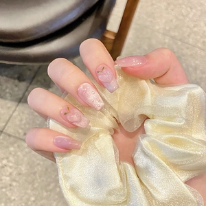 Ongles à Presser Pêche Rose Faits à la Main Avec Décoration 3D Goutte d'Eau Effet Œil de Chat Dégradé Courts Ovales Femme