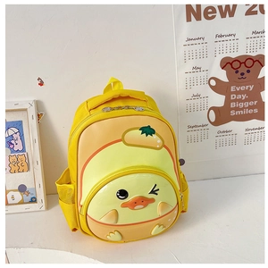 Detailed view of yellow cartoon duck toddler backpack with 3D wings and smooth finish