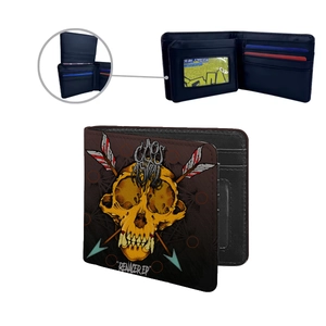Men's bifold PU leather wallet featuring a yellow skull print and multiple card slots