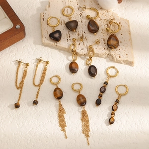 Stainless Steel Earrings With Tiger Eye Stone Heart Waterdrop Tassel Dangle Vintage Maillard Style Gold Plated Women Jewelry