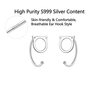 S999 sterling silver hollow cat ear hook earrings with minimalist animal design