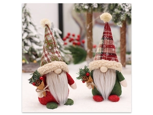Close-up of plush Christmas gnomes with plaid hats and snowy pine cone bouquets