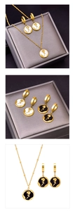 Detailed set of golden French palace style necklace and earrings with rose shell inlay