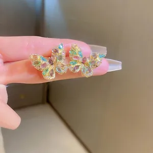 French vintage style butterfly stud earrings with colorful zircons and golden metal base