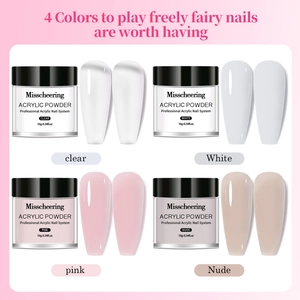 Set of four 10g acrylic nail powders in clear, white, pink, and nude colors with swatches
