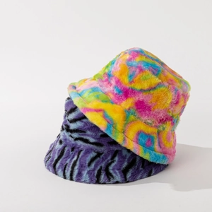 Women Winter Faux Fur Bucket Hat Warm Plush Tie Dye Zebra Pattern Soft Fisherman Cap For Outdoor Daily Fashion Accessory