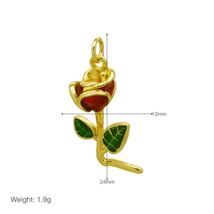 Detailed size specifications of the red rose pendant: 12mm wide by 24mm high, 1.9g weight