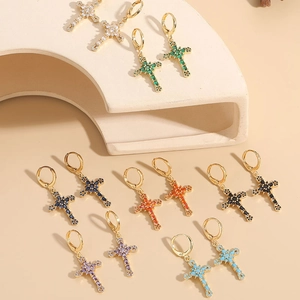 Cross Drop Hoop Earrings 14K Gold Plated Copper Colorful Zircon Inlaid Fashion Trendy Jewelry For Women