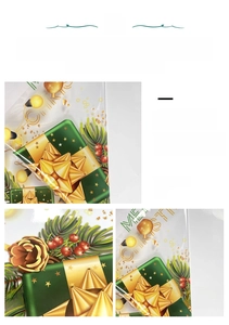 Detail showing double-sided Christmas tree gift bags with festive golden bows and stars