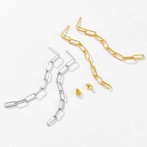 Detail view of long S925 sterling silver chain earrings in gold and silver finishes