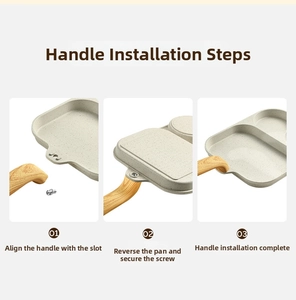 Installation guide for the non-stick breakfast pan with ergonomic wood-grain handle