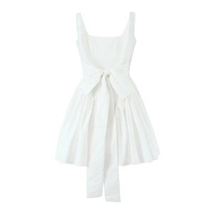 Detail of elegant back oversized bow tie on white sleeveless A-line summer dress