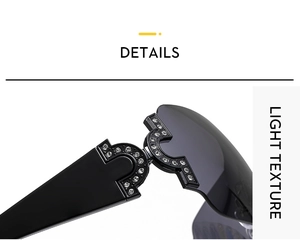 Close-up of oversized Y2K sunglasses temple with rhinestone inlay and gear design