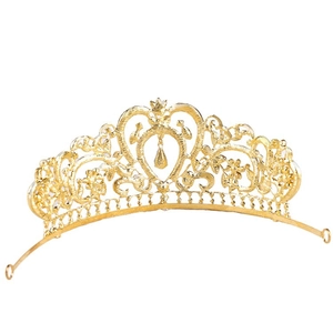 Baroque gold crown tiara with intricate filigree heart design and dangling teardrop gem
