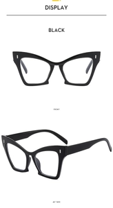 Detail view of black cat eye glasses frames showing front and 45-degree side angles