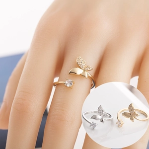 Elegant Copper Butterfly Open Ring For Women Adjustable Rhinestone Inlaid Fashion Jewelry Niche Design Index Finger Ring Gift