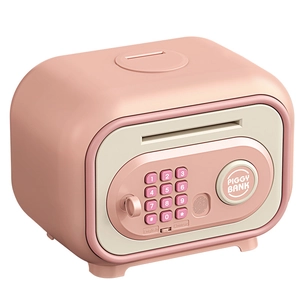 Pink electronic piggy bank toy with digital keypad and simulated fingerprint scanner