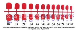 Size chart showing dimensions for short square matte red press-on artificial nails