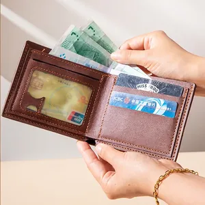 Brown leather bi-fold wallet for men with multi-card slots and bill compartment