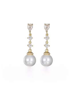 Detailed view of gold pearl drop earrings with sparkling pear-cut zircon and white pearls