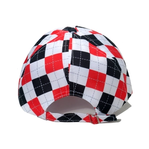 Detail of adjustable metal buckle and checkerboard fabric strap on baseball cap