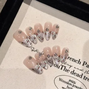 Handmade Press On Nails Almond Shape Leopard Print Cat Eye Rhinestone Glitter Gradient Luxury Fashion Manicure For Women