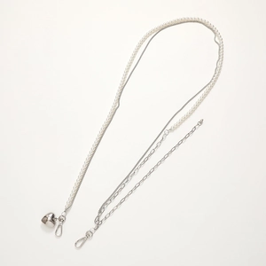 Three-layer woven pearl and silver metal cross-body phone strap with heart pendant charm