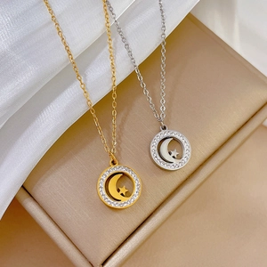 Titanium steel necklace with crystal-embedded moon and star pendant in gold and silver