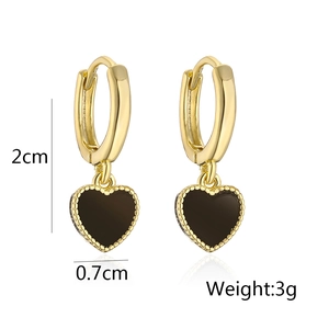 Elegant gold earrings with black heart oil drop pendants and beaded edges for women