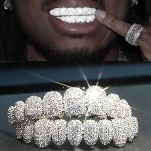 Hip Hop Grillz Teeth Mouth Jewelry Brass 14K Gold Plated Cubic Zirconia Iced Out Rapper Party Halloween Accessories