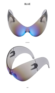 Front and side views of Y2K futuristic sunglasses with blue gradient lenses