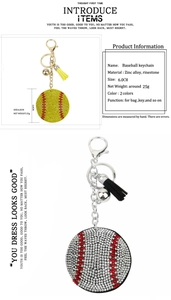 Detail view of rhinestone baseball keychains with tassels and size specifications