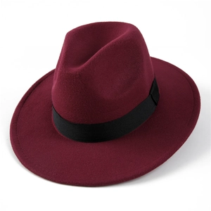Detailed close-up of wine red wool fedora hat with black grosgrain ribbon band