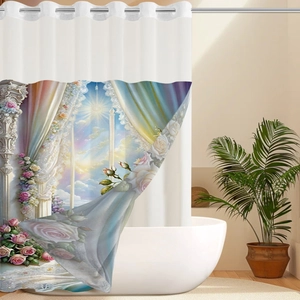Detail of floral waffle shower curtain featuring romantic pink roses and stone pillar print