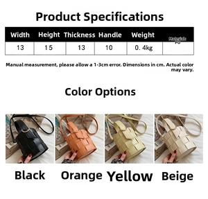 Size chart for woven PU leather bucket bag with dimensions and 4 color options available