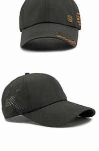 Detail of dark grey sport cap showing laser-cut side vents and GKVO logo embroidery