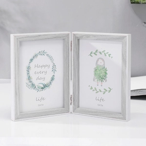 Minimalist double white wood grain 5x7 photo frame with folding hinges for tabletop display
