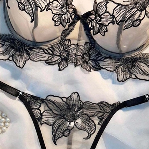 Elegant floral embroidery lingerie set with sheer mesh and delicate lace details
