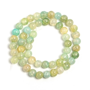 Strand of green and yellow floral pattern glass crackle beads for jewelry making