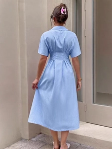 Back view of light blue striped short-sleeve shirt dress with waist pleats and cinched fit