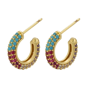 Fashion C-shaped gold-plated brass hoop earrings featuring four rows of colorful zircons