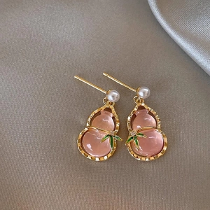 Pink Gourd Dangle Earrings With Faux Artificial Pearl And Silver Earring Post Chinese Style Bamboo Leaf Jewelry For Women