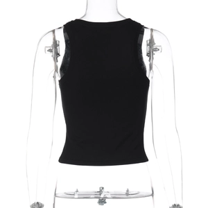 Detailed back view of a black ribbed knit cropped tank top on a transparent mannequin